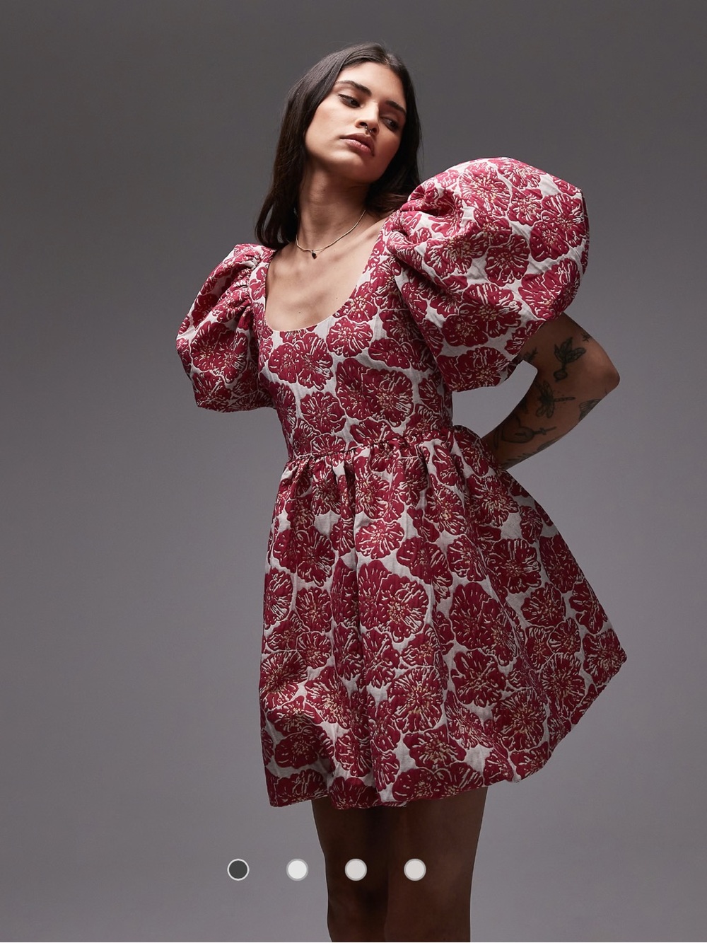 Red Floral Puff Sleeve Mini Dress